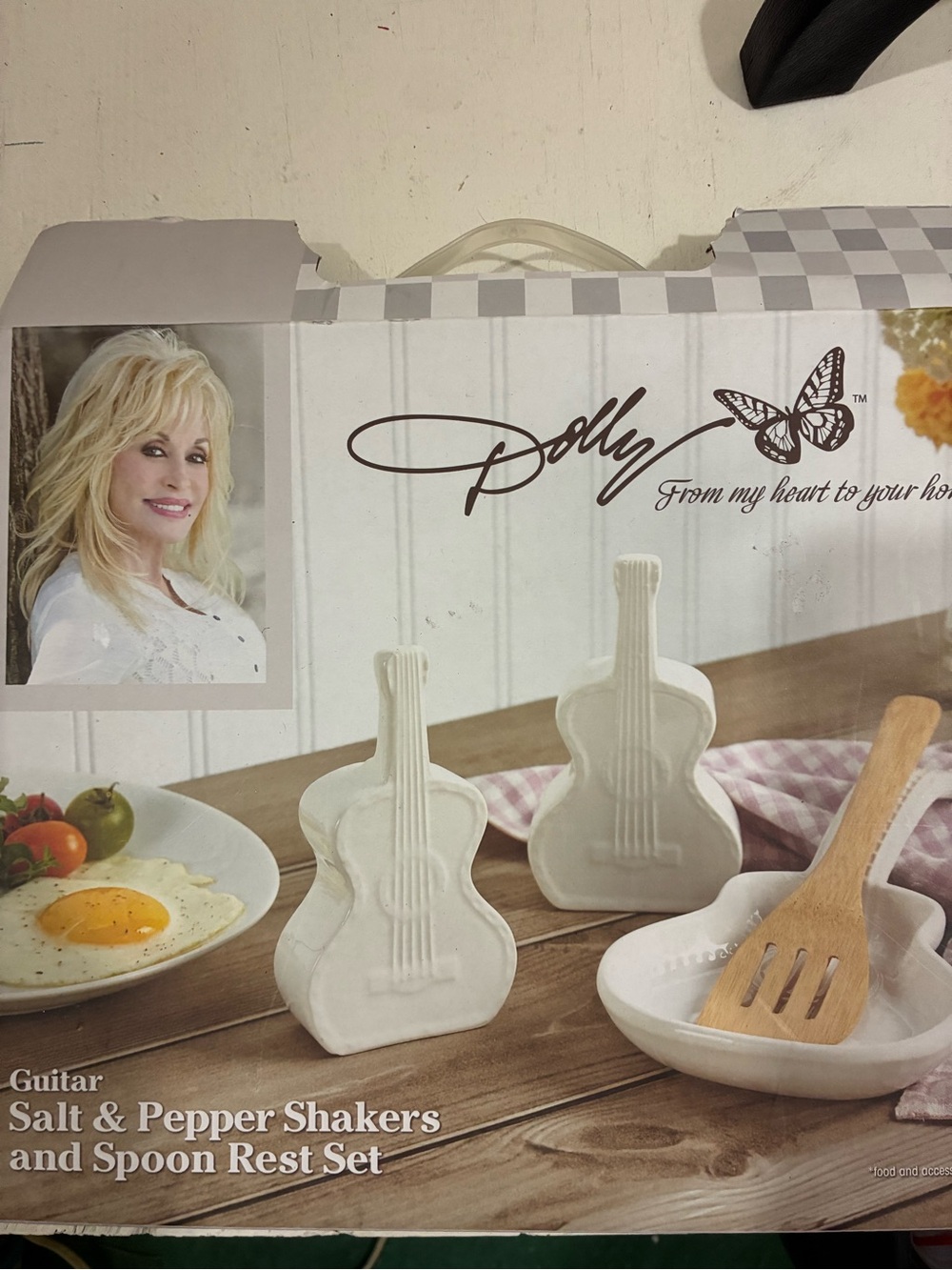 Dolly White Ceramic Guitar Salt & Pepper Shakers with Spoon Rest